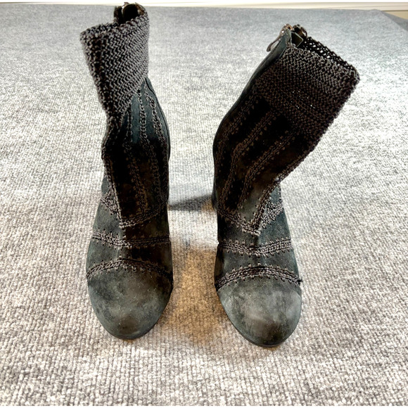 Silent D Black Suede Leather Knit Ankle Boots 37 Heeled Booties Block Heel Zip - Picture 3 of 16